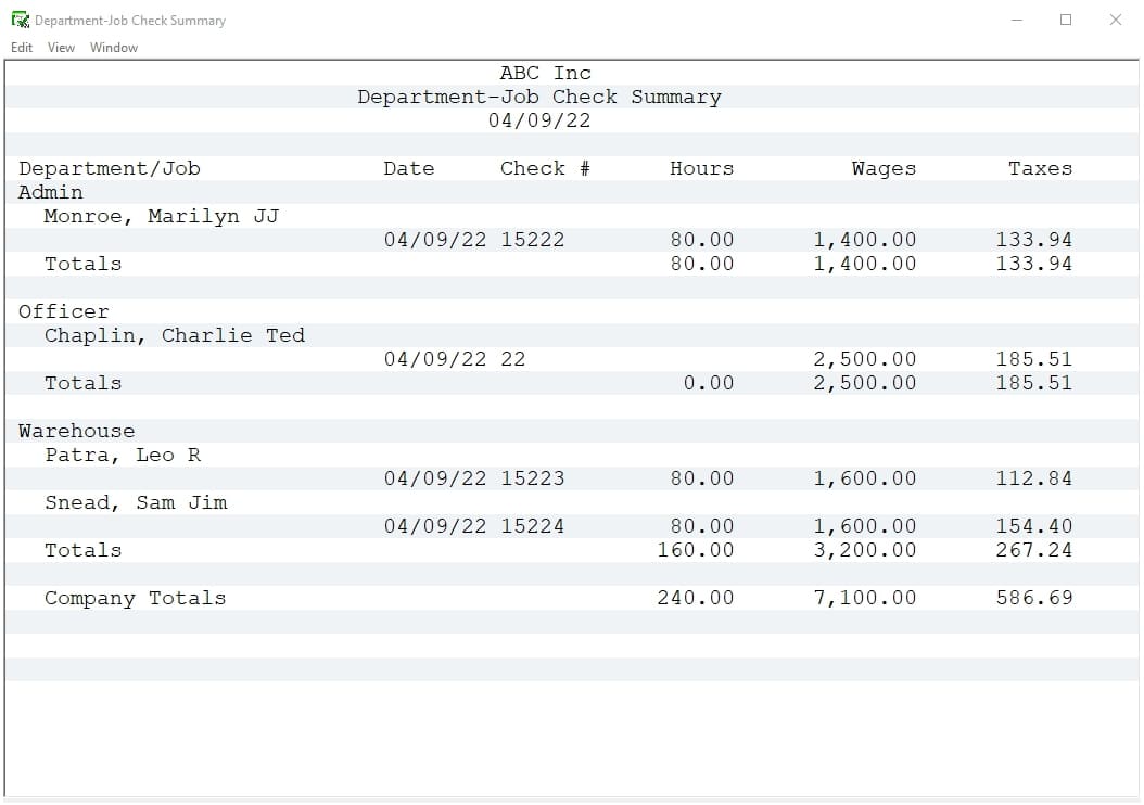 check summary for departments