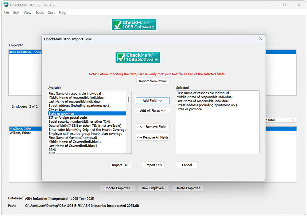 Import setup information